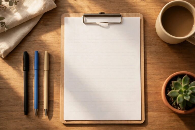 A blank classroom management plan template on a clipboard on a teacher's desk