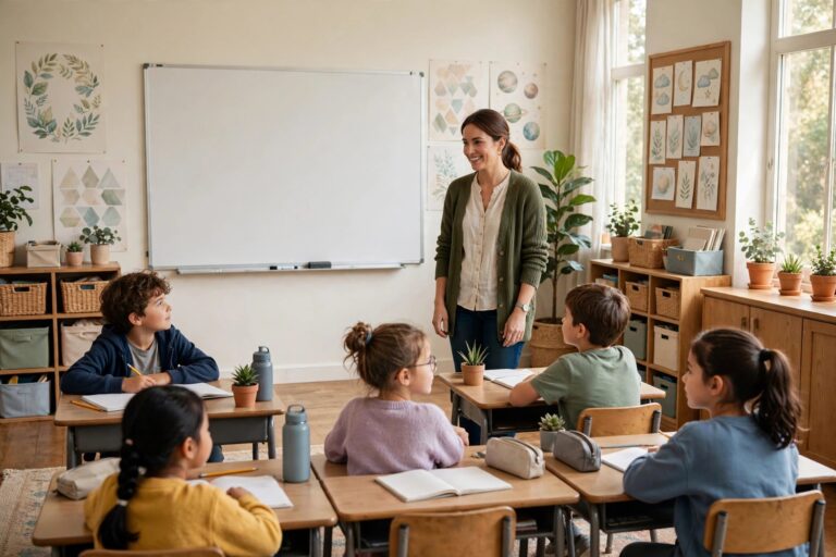 Teacher managing a calm, organized classroom with engaged students