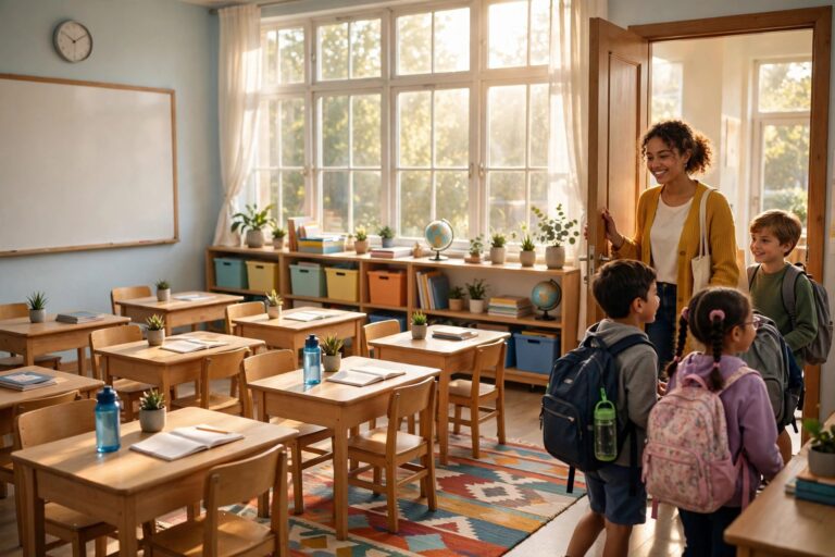 New teacher greeting students at the classroom door on the first day