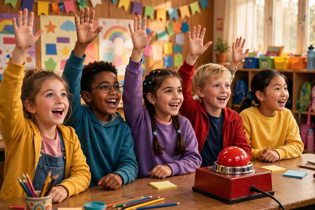 Students excitedly playing a classroom quiz game with a buzzer
