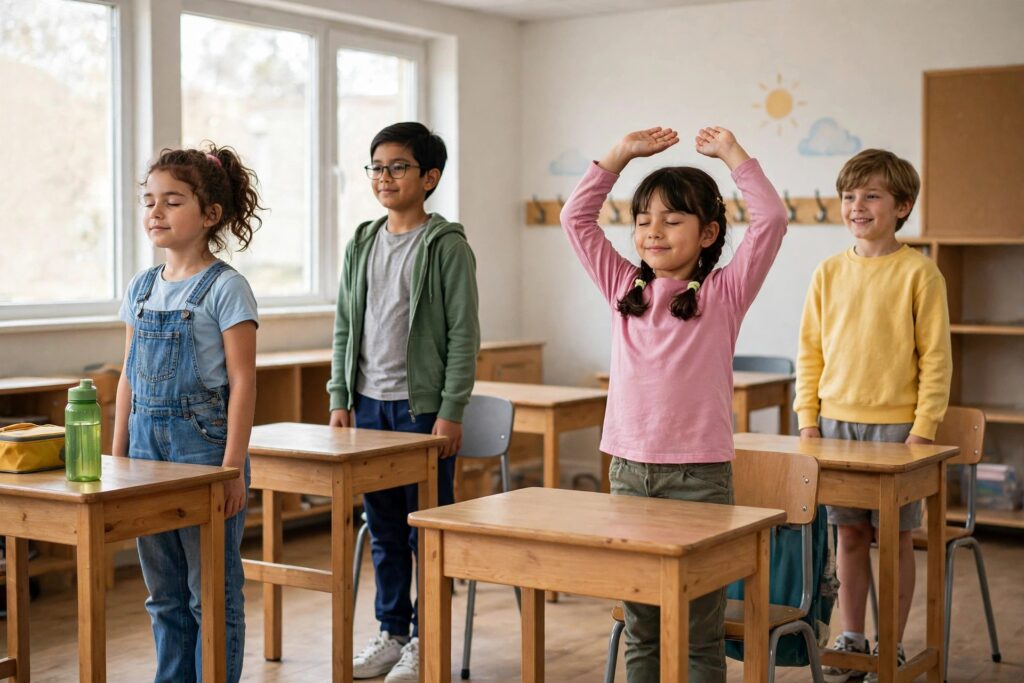 Students doing a gentle standing stretch beside their desks in a bright classroom
