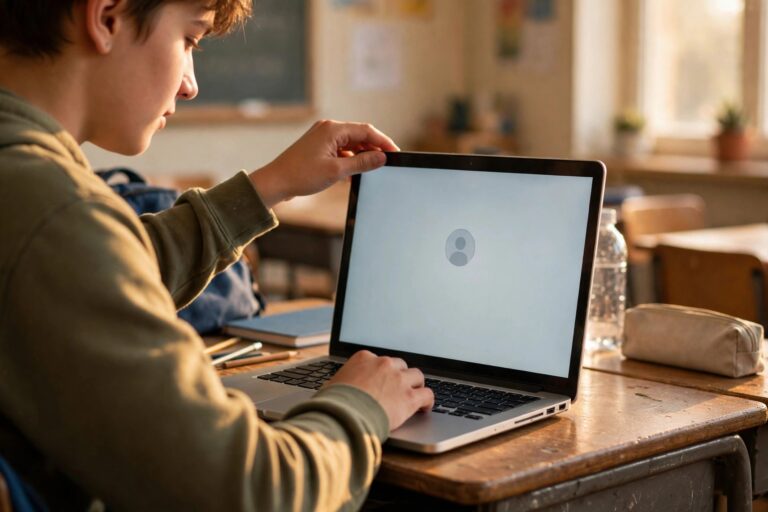 Student opening a laptop to sign in to Google Classroom